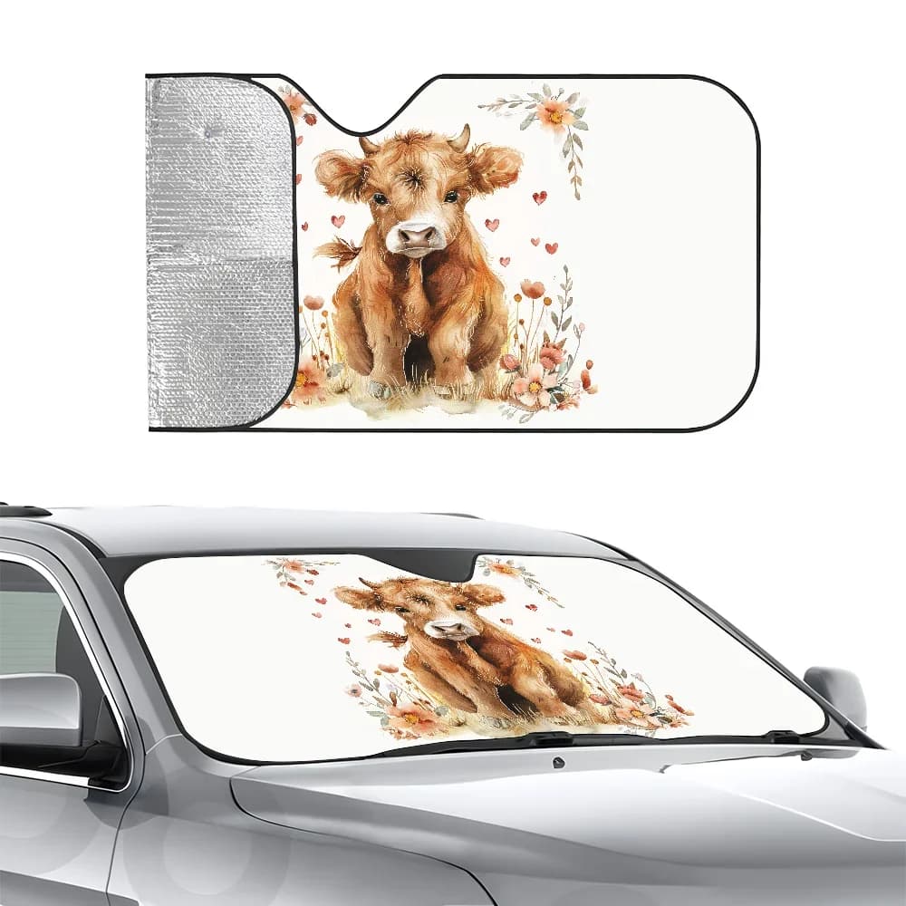 Carino Highland Cow Car Parasole Isolamento a tre strati Parabrezza anteriore per auto Parasole Ventosa Blocchi Raggi UV Sole