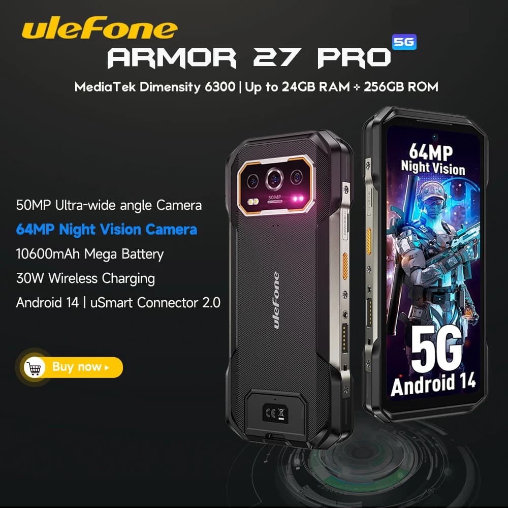 Ulefone Armor 27 Pro 5G Telefono robusto 10600mAh Smartphone Android 14 50MP + 64MP Telecamera per visione notturna Fino a 24 GB + 256 GB NFC