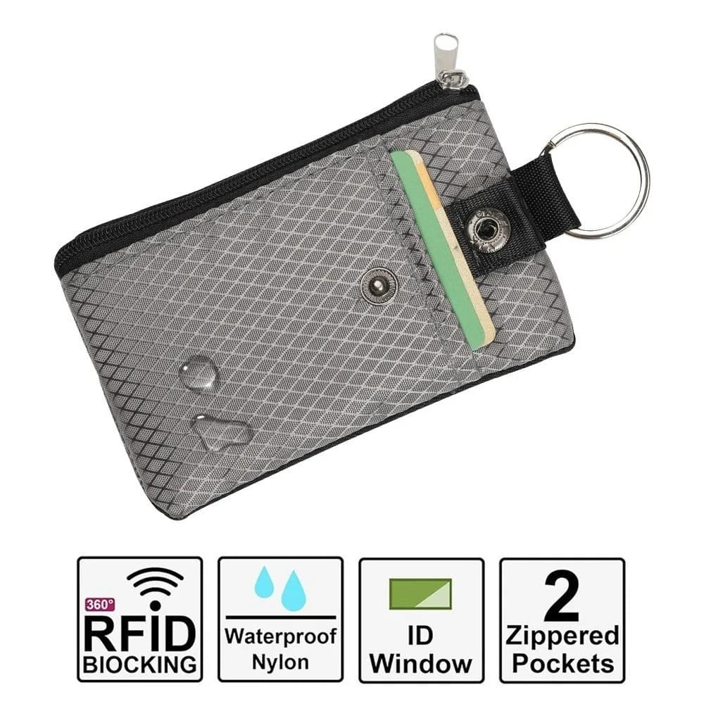 Portafoglio Portatile Impermeabile con Blocco RFID, Portachiavi con Cordino, Design Sottile, Finestra per ID, Custodia con Cerniera, Antifurto, per Viaggi