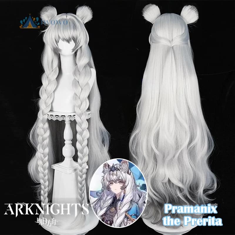 Arknights Pramanix the Prerita Cosplay Wig Long Silver White Braids Hair Wigs for Women Girls Snow Hunter Carnival Free wig protection