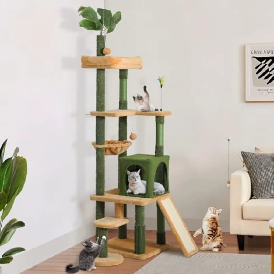 Torre per Gatti Alta con Foglie per Gatti da Interno 185 cm, Graziosa Torre da Arrampicata per Gatti con Spazzola per Auto-Pulizia, Cuccia e Postazione Superiore