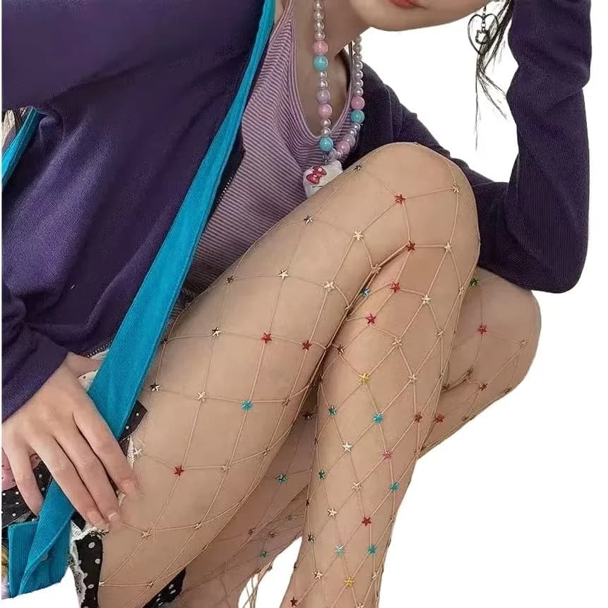 Collant da donna sexy con strass a stella colorati, a rete, sottili, alla moda, per feste