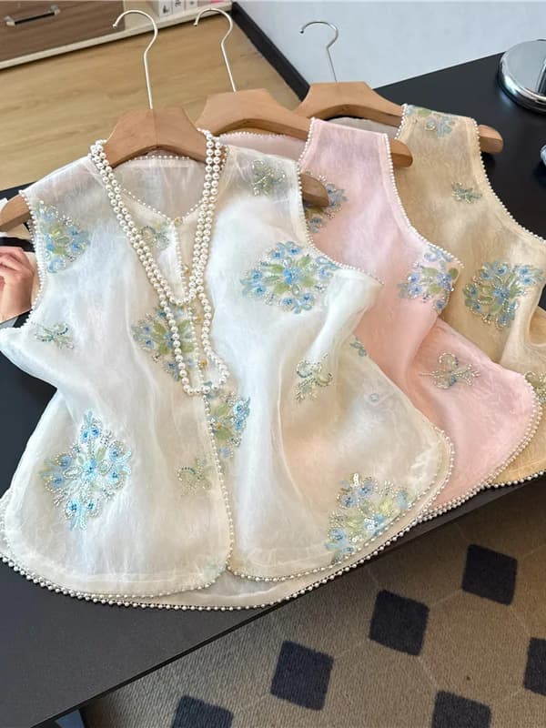 New Chinese Style Embroidered Young Women's Vest Sleeveless round Neck Tang Suit Top Heavy Embroidery Jacket for Summer