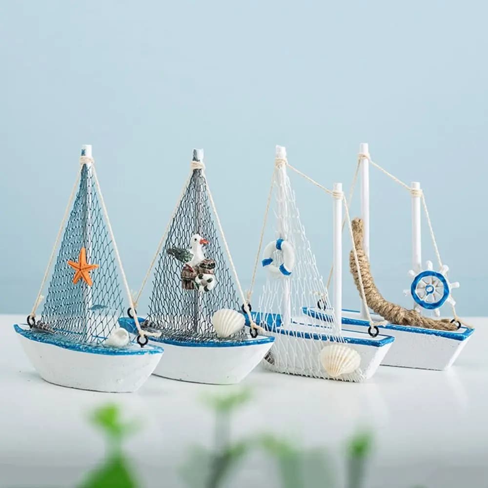 Mediterranean Style Sailing Boat Model Handmade Fishing Net Accent Wooden Sailing Boat Shells Accent Miniature Size