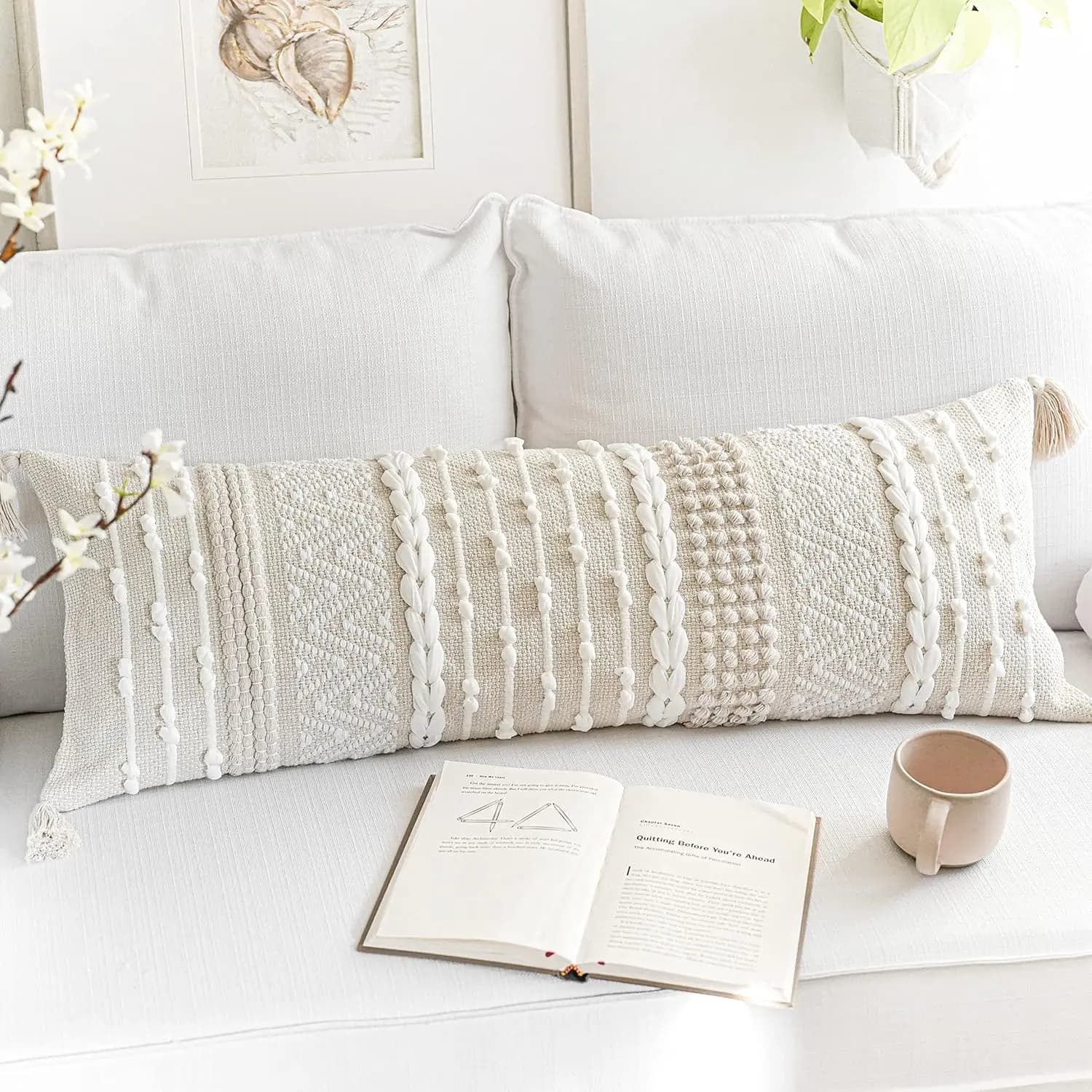 Fodera per cuscino lombare lungo Boho 14x36 pollici in beige neutro e bianco, decorazione moderna in stile rustico per camera da letto, soggiorno, divano.