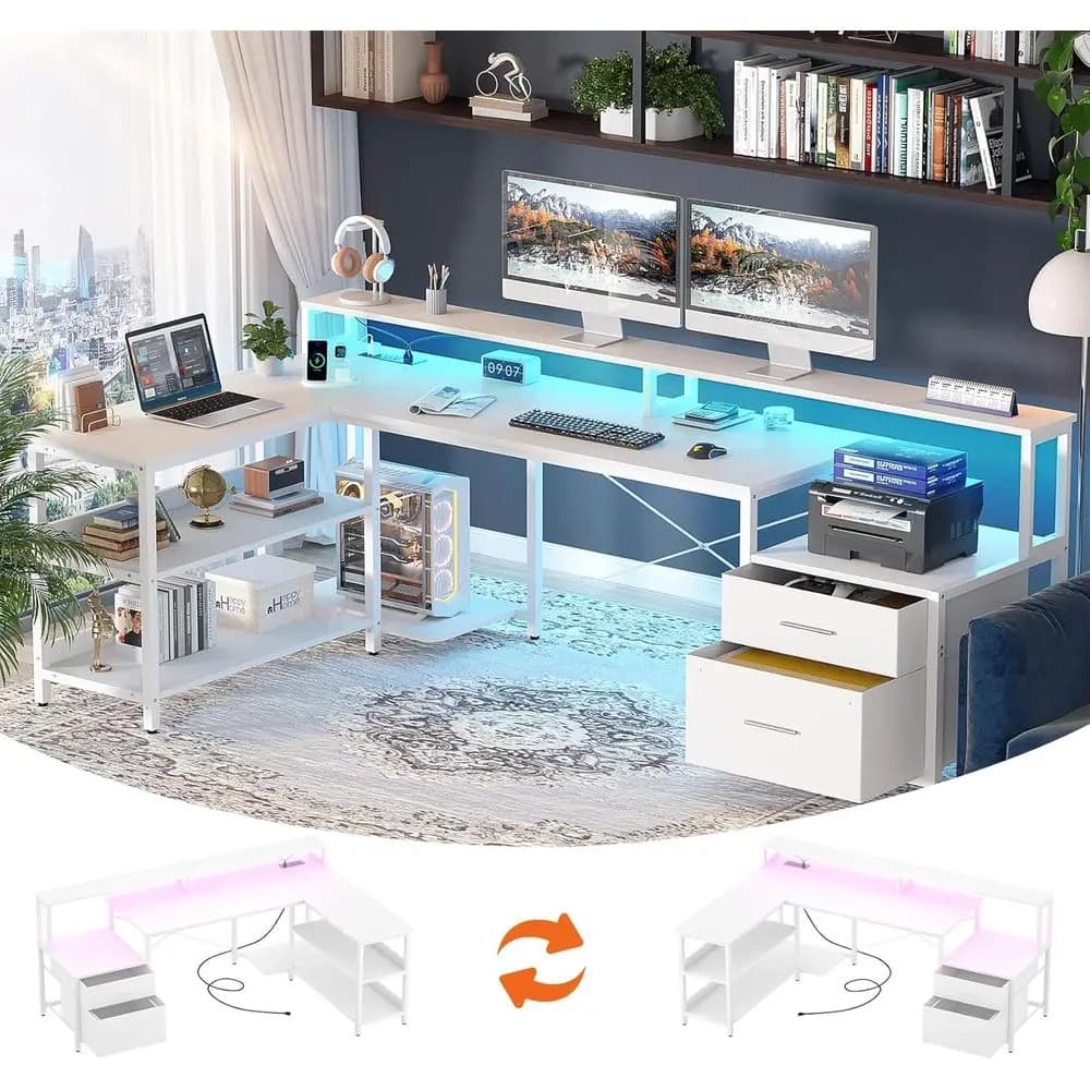 Scrivania a L con Presa di Corrente, Scrivania per Computer a L Reversibile con Scaffale e Supporto Monitor, Scrivanie da Gaming con Striscia LED, Ho