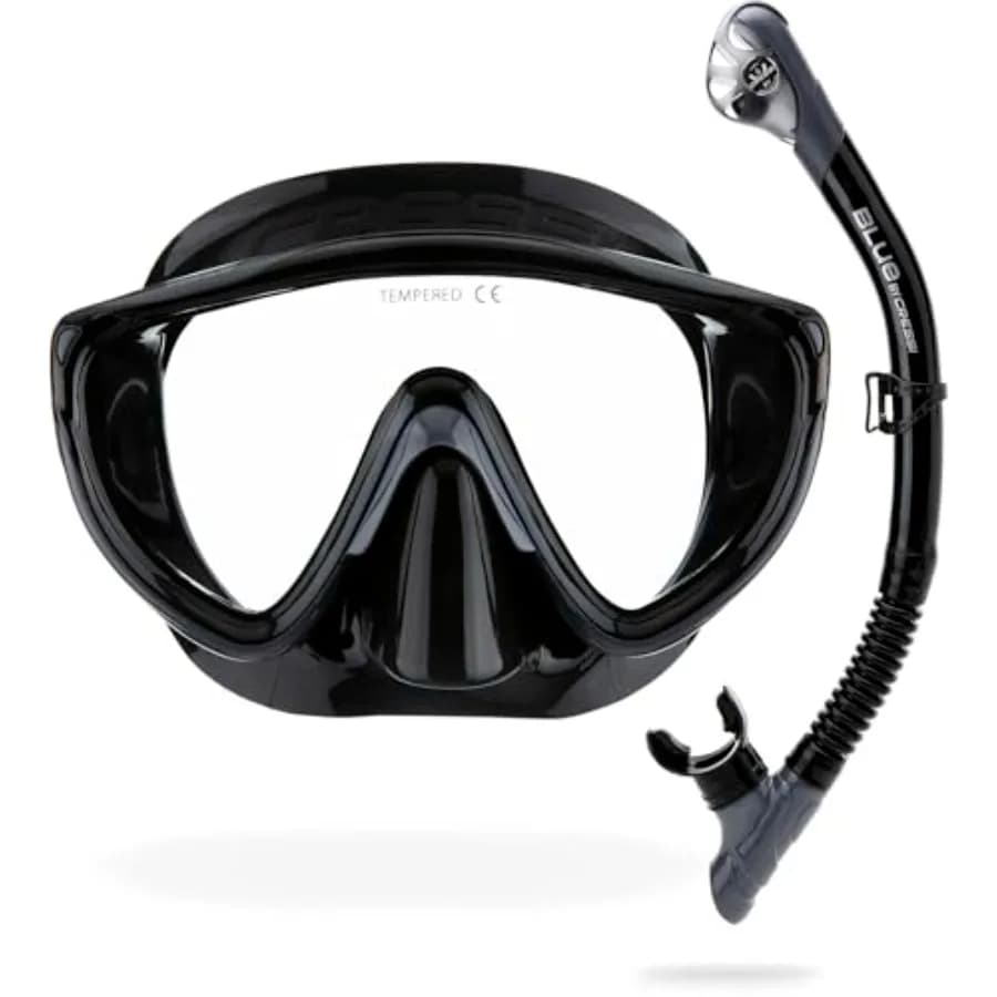 Adult wide view single lens comfortable snorkeling mask dry snorkel for water sports silicone and polycarbonate black with blue