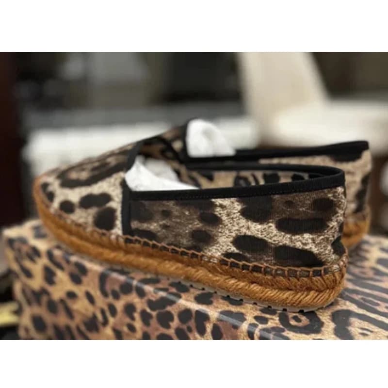Leopard Pattern Woven Sole Flat Shoes Woman 2026 Blue and White Porcelain Round Toe Slip-On Rope Sole Espadrille Leopard Print