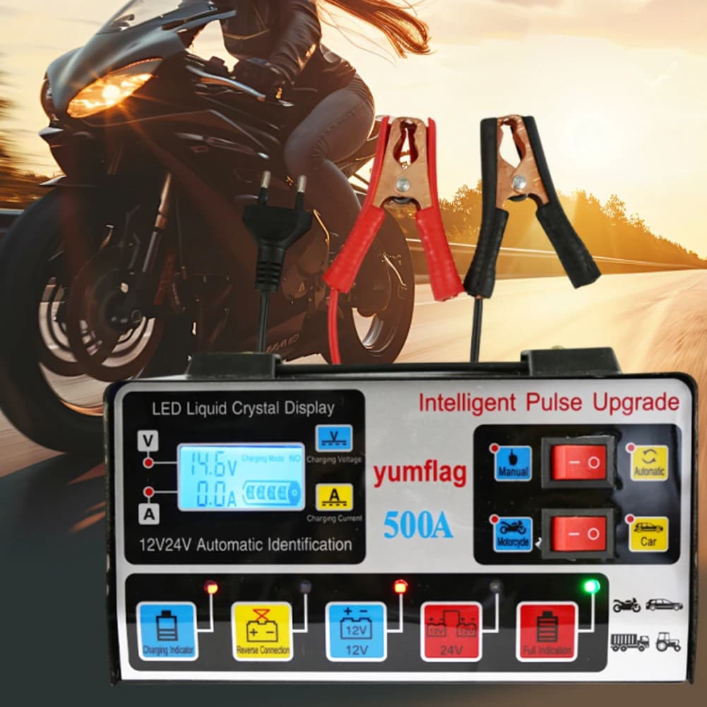 Caricabatterie rapido ad alta potenza per batteria 500A Caricabatteria per auto 12V/24V Display LCD Caricabatterie per motocicli elettrici per auto moto