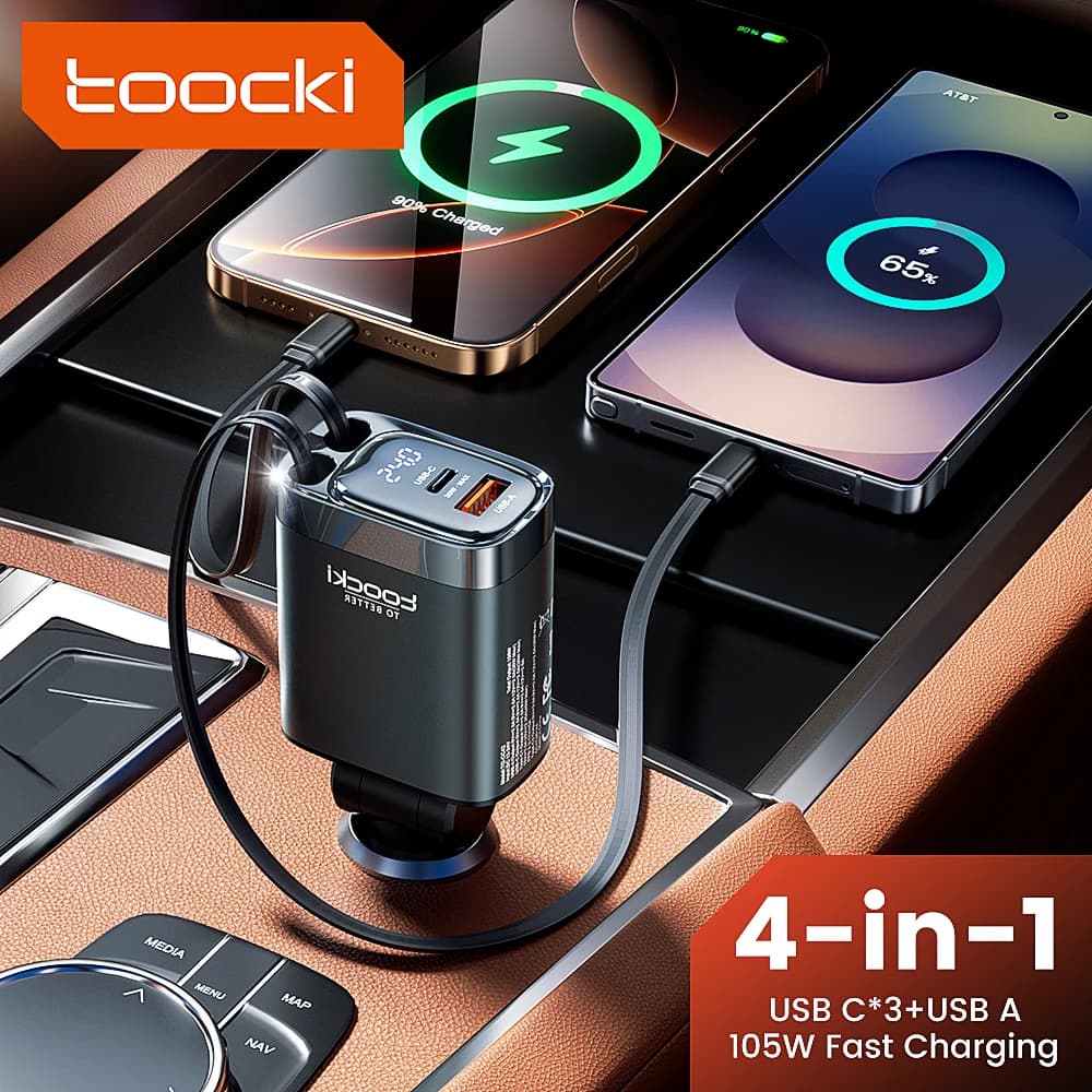 Toocki 4 IN 1 Car Charger 105W Mobile Phone Charger Type C Cable for iPhone 16 15 Quick Charging Cable Cigarette Adapter