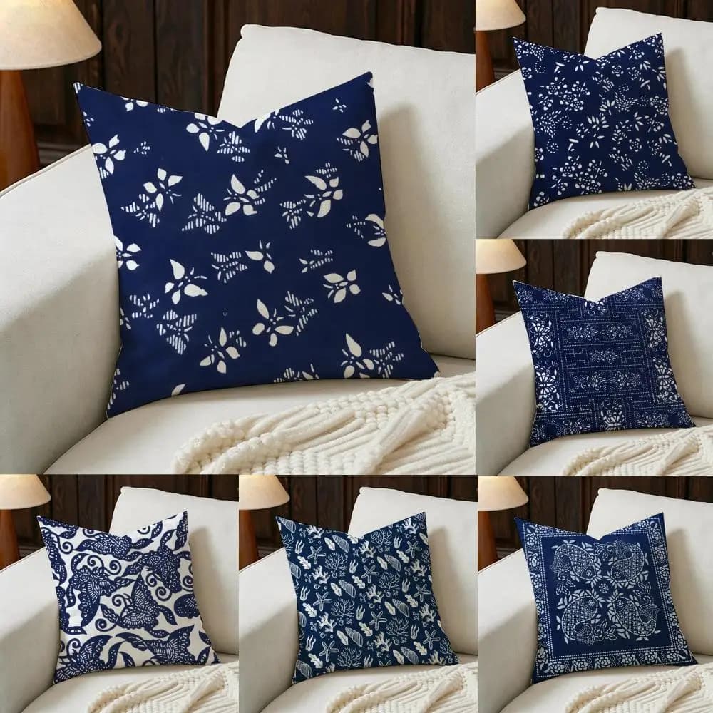 Fodera per cuscino B-Blue Calico in lino naturale, set di federe, decorazione completa per divano, camera da letto e sedia