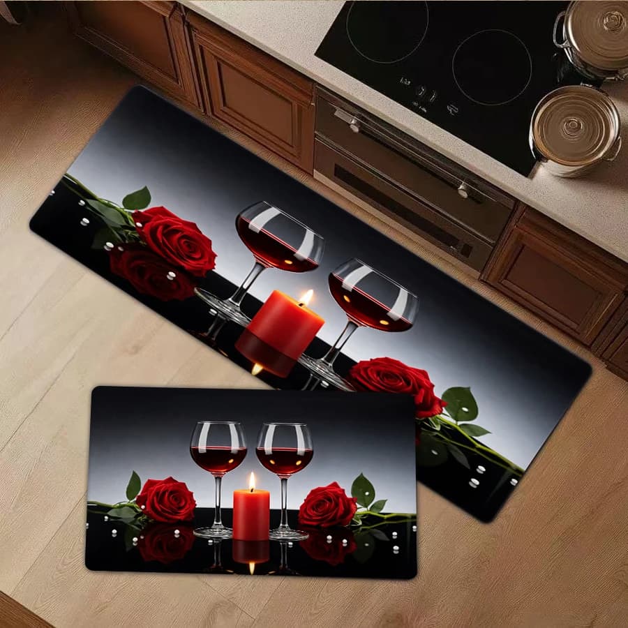 1/2/3Pcs Flannel Kitchen Mat—Romantic Red Wine Rose Candle Floor Mat Flannel Soft Carpet Absorbent Bath Rug Valentine's Day Theme Home Decor Door Entrance Mat—Soft,Comfortable,Suitable For Bathroom,Bedroom,Kitchen,Laundry Room