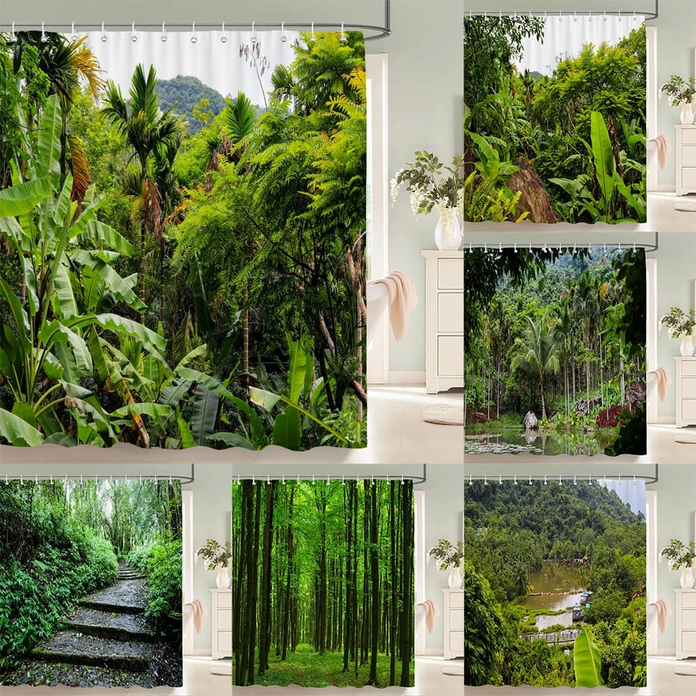 Tenda da doccia stampata con paesaggio forestale della foresta pluviale tropicale 3D con gancio per bagno, tenda da bagno in poliestere impermeabile, decorazioni per la casa