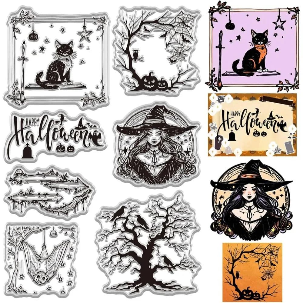 Witche Clear Stamp for Card Making Bird Bat Cat Tree Terror Rubber Reusable Transparent Seal for Envelope Journaling DIY