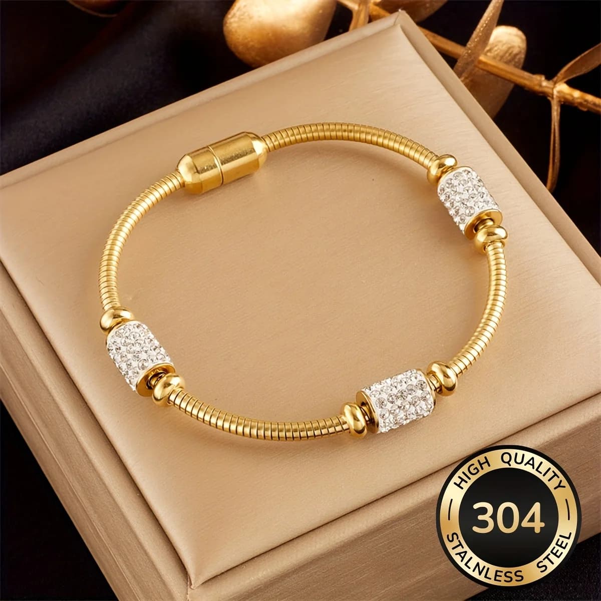 Bracciale da Donna in Acciaio Inossidabile 304 Dorato con Strass Incastonati, Gioiello Scintillante di Lusso per Feste, Compleanni e Regali Festivi
