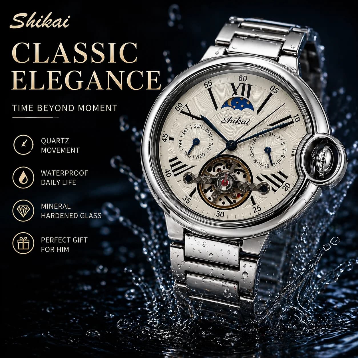 Orologio da Polso di Lusso da Uomo al Quarzo in Acciaio Inossidabile, Quadrante Scheletrato, Elegante e Impermeabile