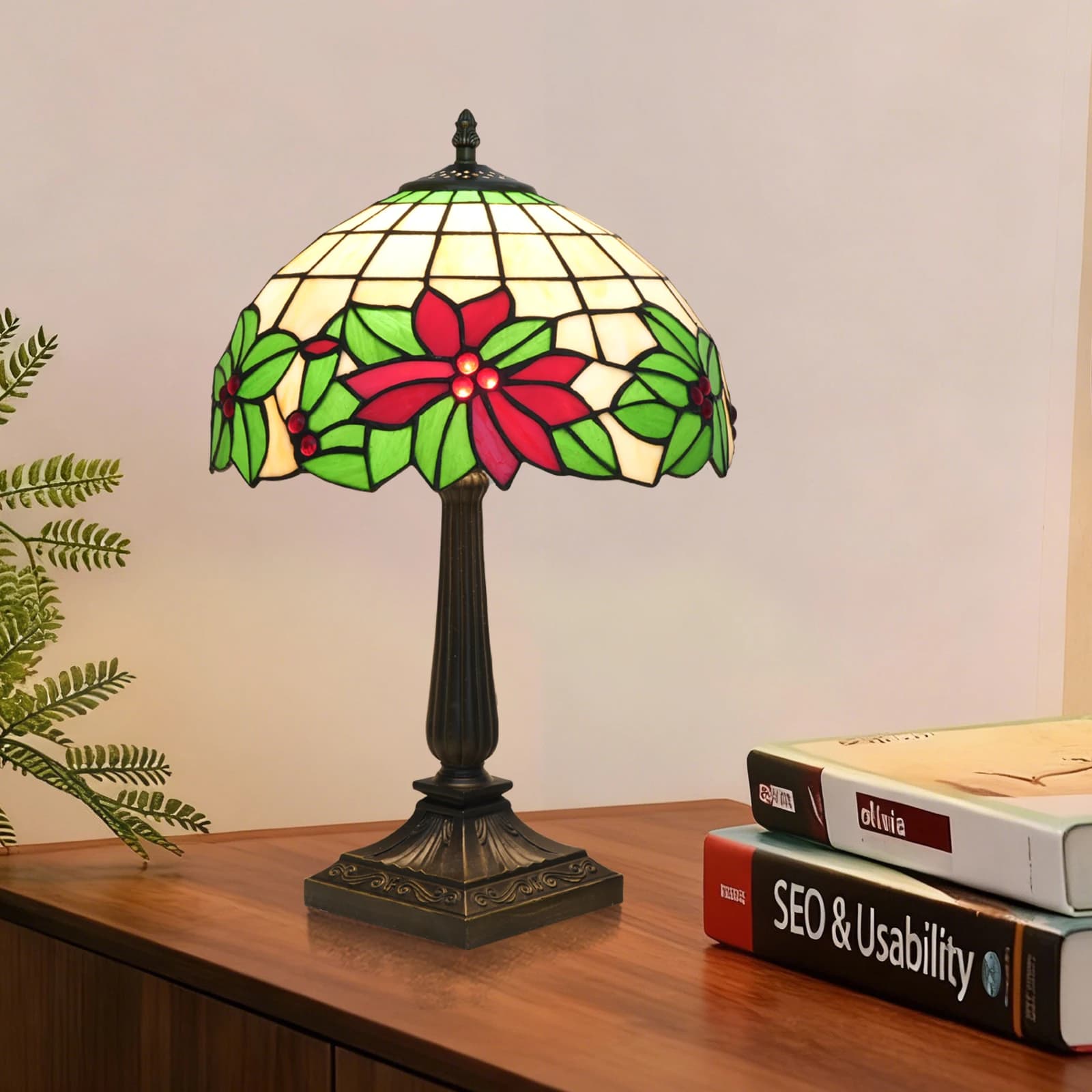 Christmas Decorations Indoor Xmas Flowers Bedside Table Lamp Retro Stained Glass LED Desk Light Nightstand Lampfor Gifts Home