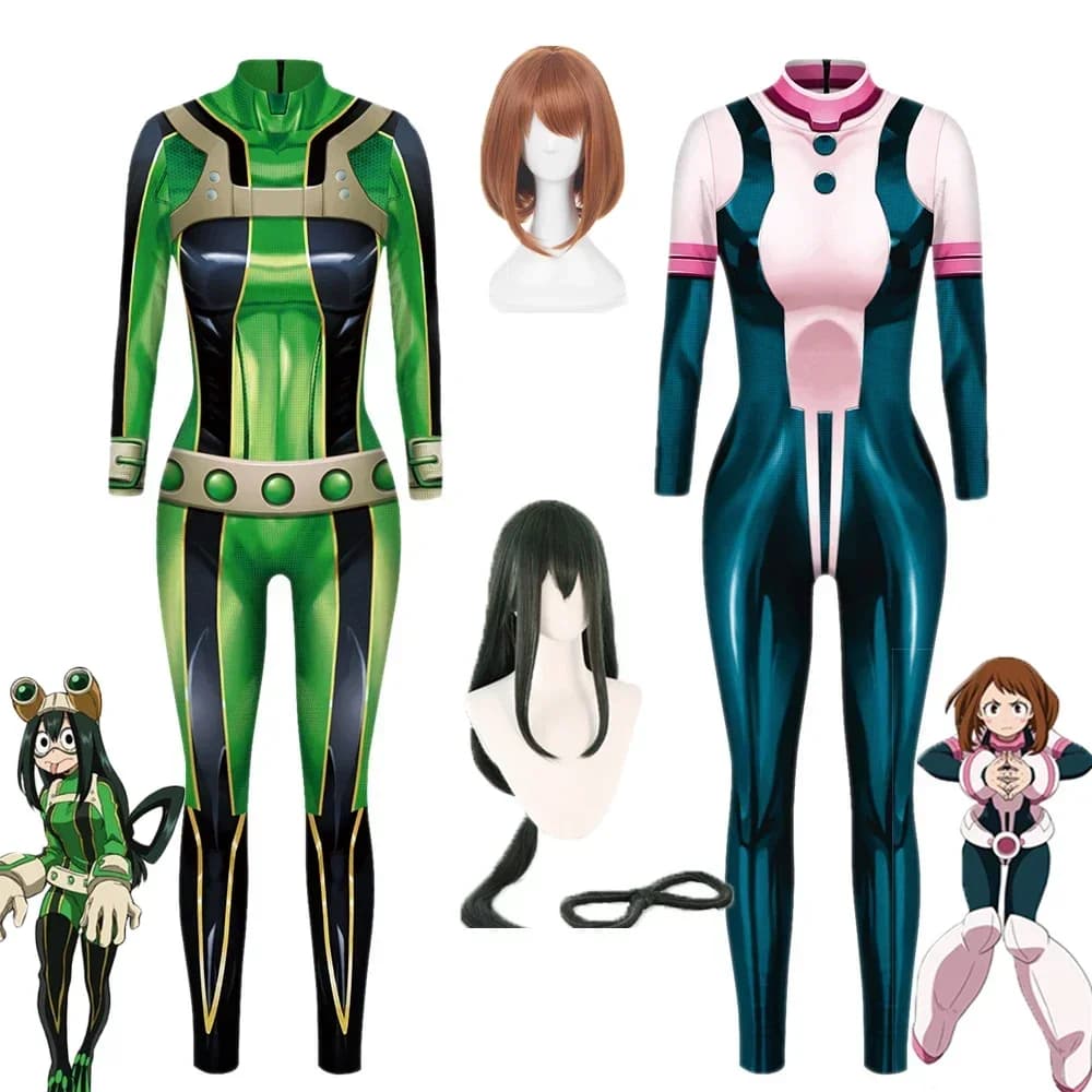 2026 New Anime Cosplay Asui Tsuyu Ochaco Uraraka Costume Wig Women Jumpsuit Carnival Halloween Costume Bodysuit