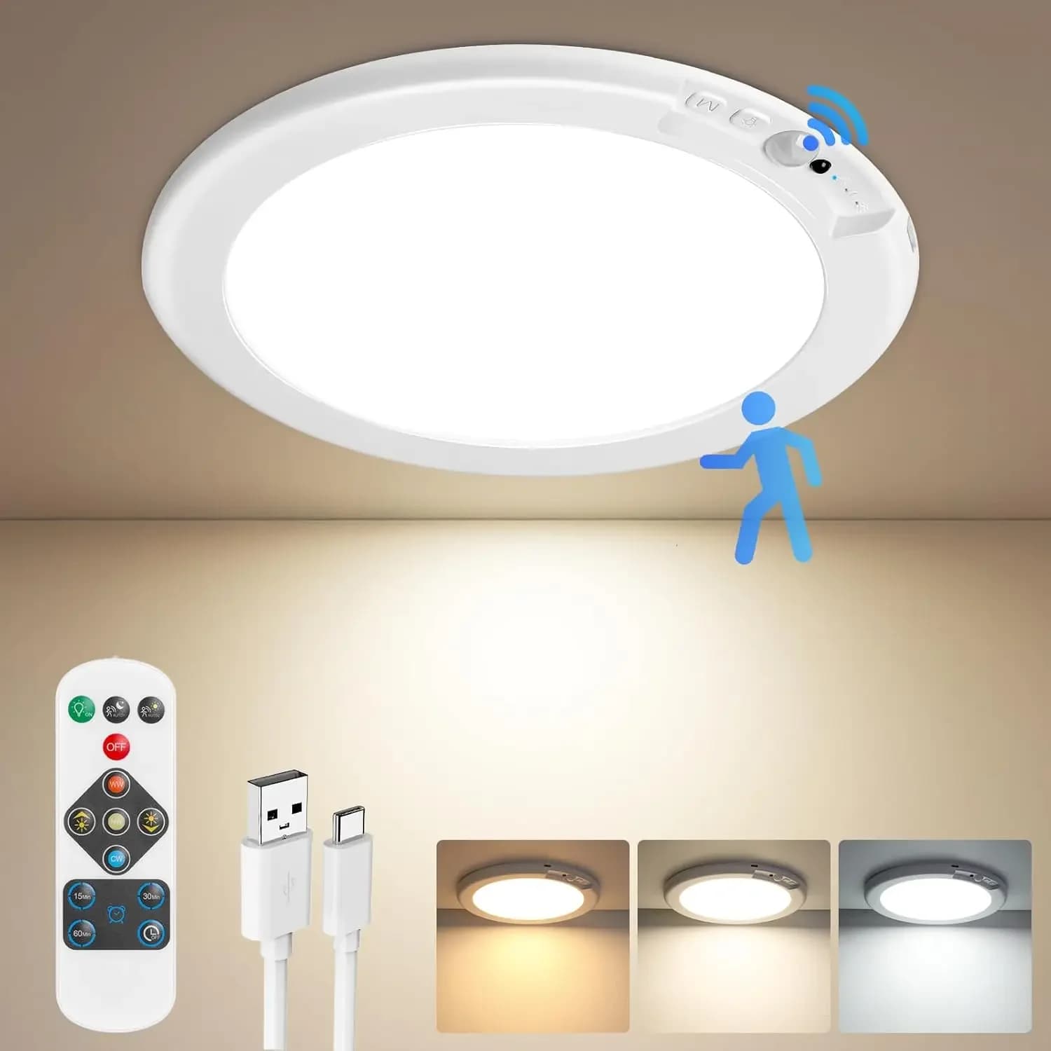 1Pcs Rechargeable Ceiling Lights, Motion Sensor Lights No Wiring, Wireless Closet Lights Battery Operated, for Bathroom Laundry Room Kitchen Porch Stair Hallway Shower Pantry Garage