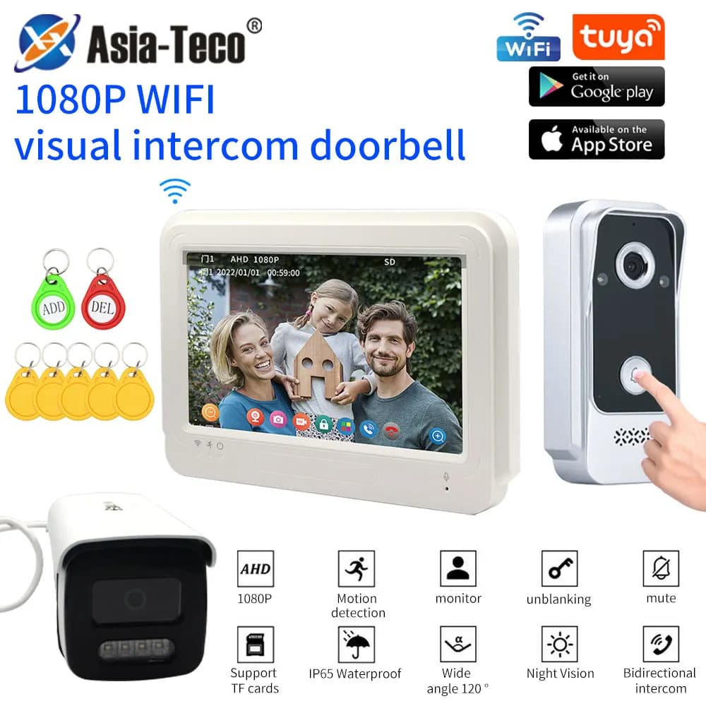 Tuya 7 pollici Videocitofono Citofono Touch Screen Monitor con controllo accessi Videocitofono 1080P APP IC NFC Card Swipe