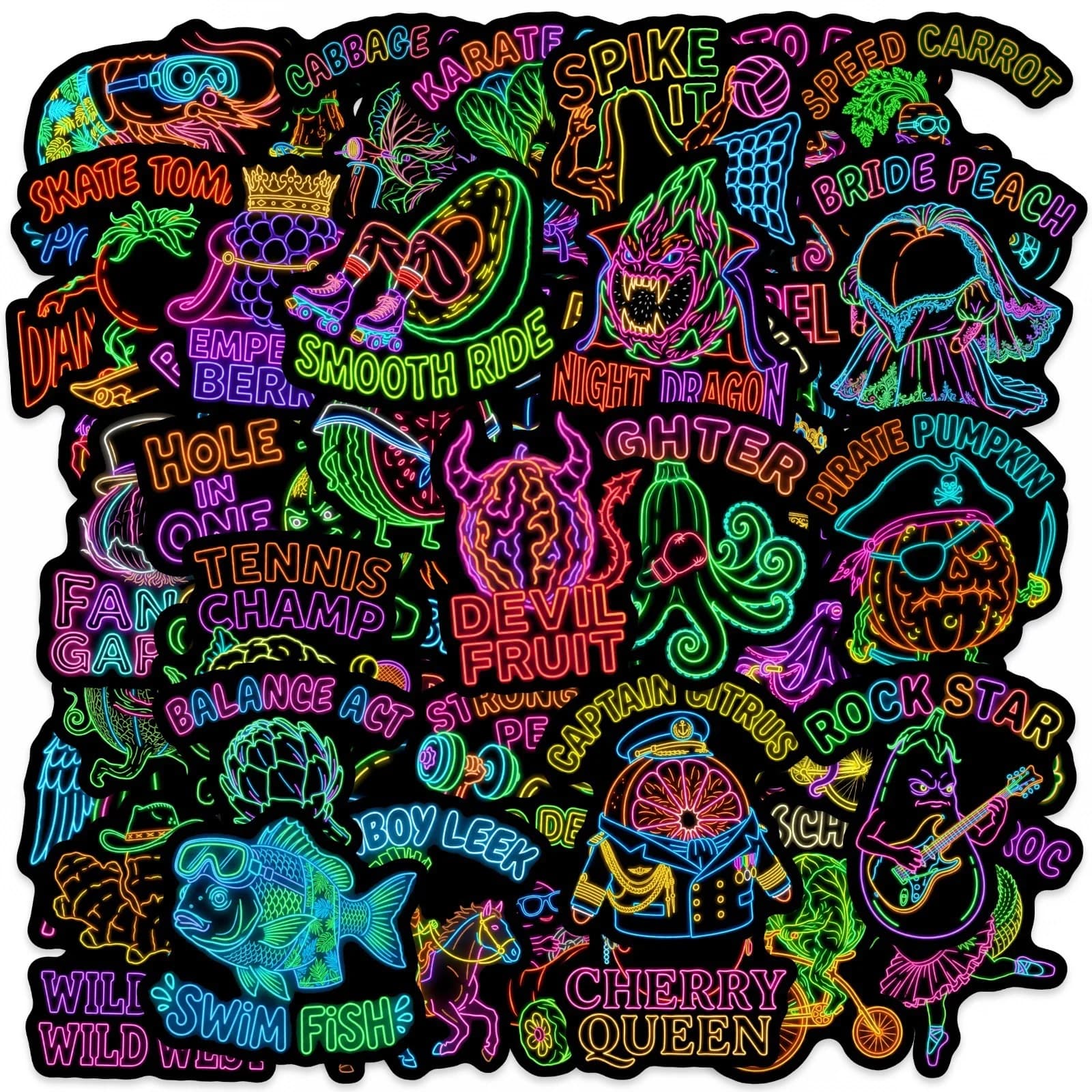 50/100 Pezzi Adesivi Creativi Cyber Neon Emoji e Testo Rimovibili per Scrapbook, Tazze, Caschi, Skateboard, Moto, Auto, Cartelle e Decalcomanie