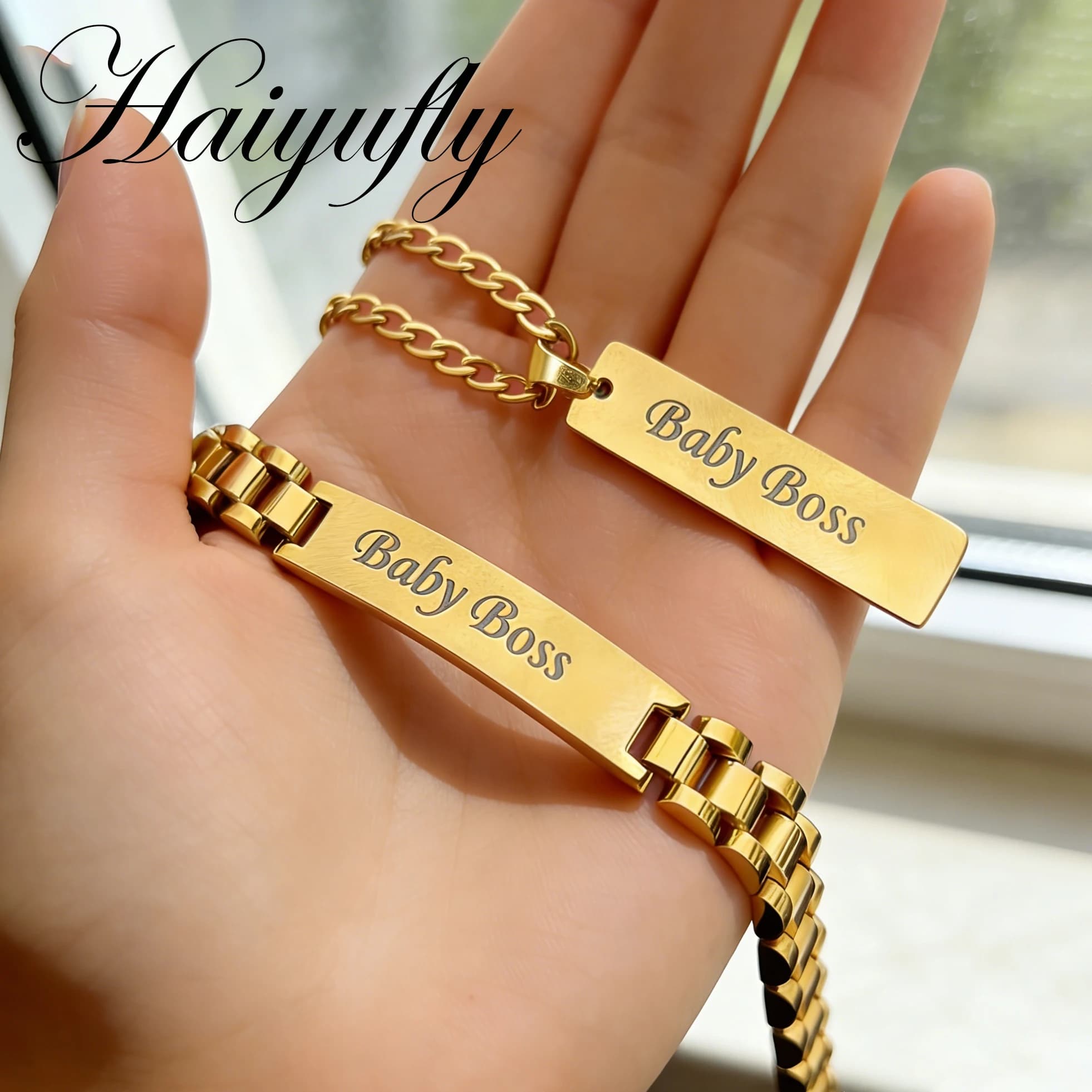 Haiyufly Punk inciso nome collana braccialetto set di gioielli in acciaio inossidabile per donna uomo regalo di compleanno personalizzato a catena cubana