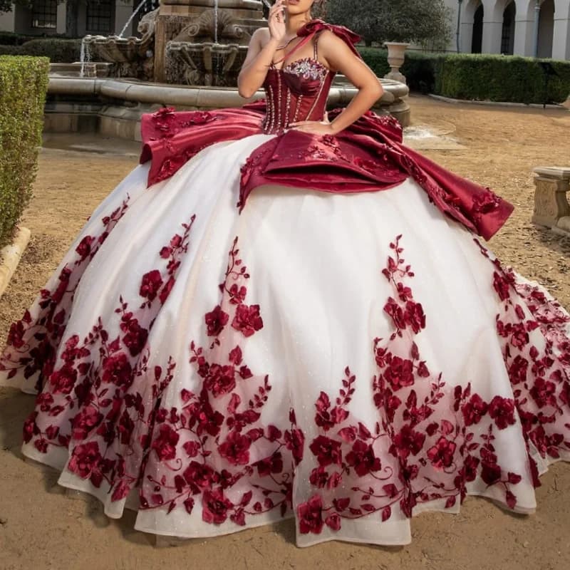 Abiti stile Quinceanera beige lucido con spalle scoperte Abito da ballo dolce 16 Abito con perline di fiori Tull Festa di compleanno Abiti 15 De Anos