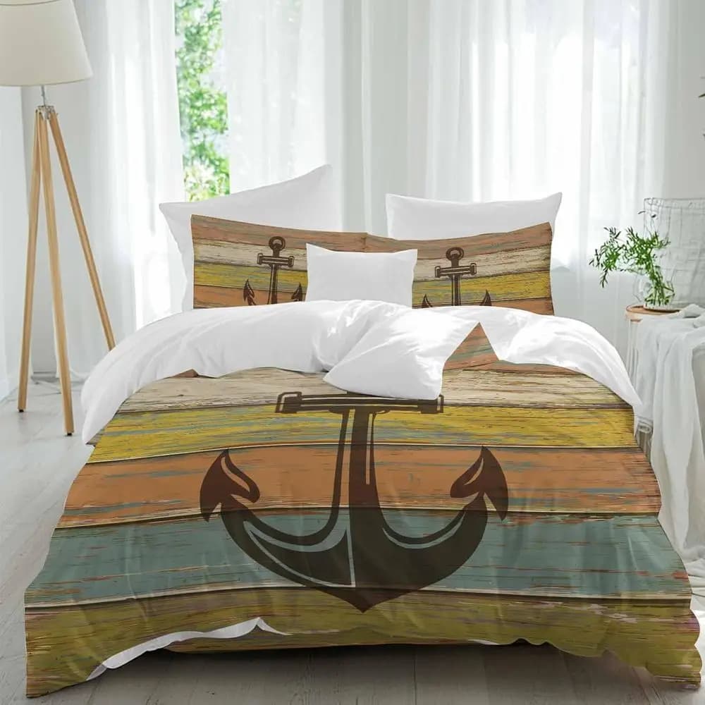 Set di lenzuola Anchor, motivo nautico vintage con pannelli in legno giallo-arancio, 4 pezzi, set copripiumino traspirante, lenzuola comode per letto