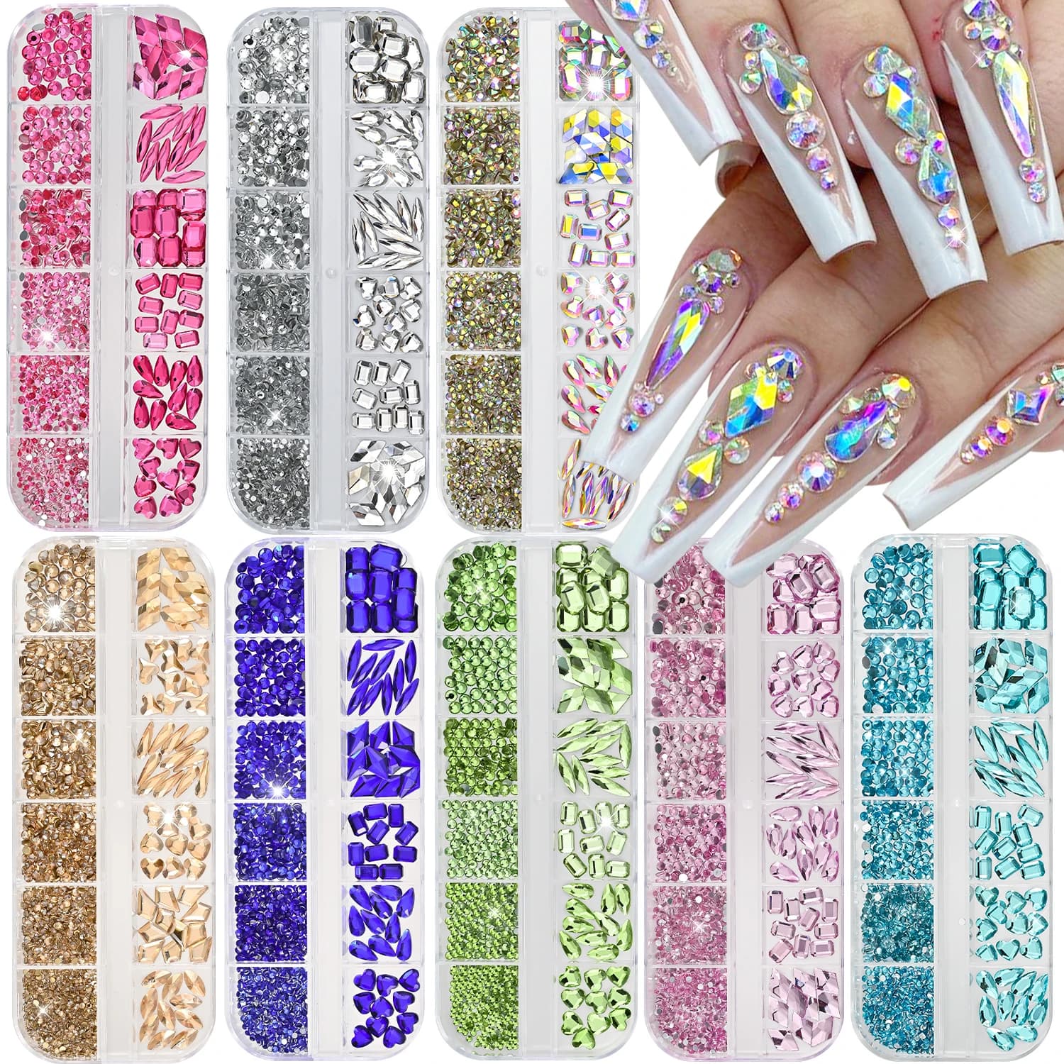 Set di 12 Griglie di Strass Scintillanti di Lusso per Unghie, Misure Miste SS4-SS16, Cristalli Rotondi e Irregolari, Gioielli per Unghie Fai-da-Te, Decorazioni Diamantate