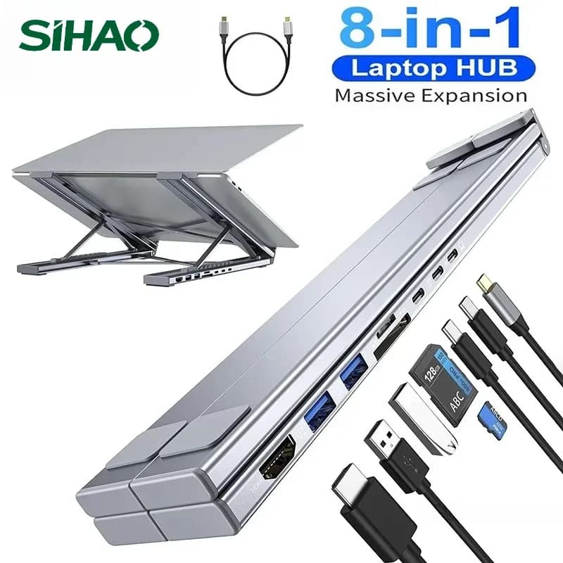 Universal USB C Docking Station 8‑in‑1 Laptop & Tablet Stand, Foldable Type-C Hub Adapter, Plug Play Multi-port Dock
