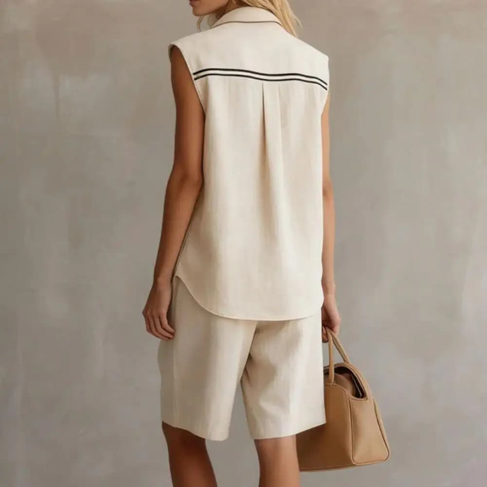 Completi in lino a 2 pezzi per donna, top senza maniche con bottoni e pantaloncini abbinati, outfit estivi casual da vacanza, eleganti.