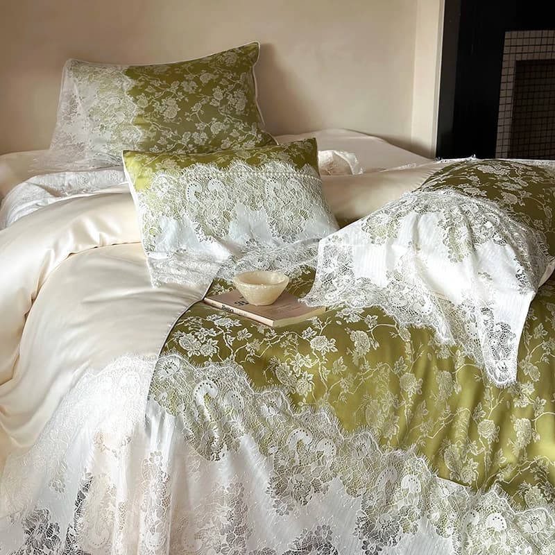 Set of patchwork bed linen in vintage French jacquard lace Lyocell soft silky cushion refreshing flat sheet/with pillow corners 4 pieces