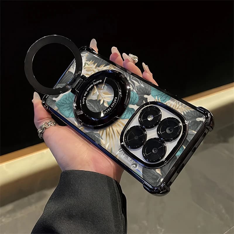 Custodia per telefono alla moda con stampa a foglie e supporto, placcata, in morbido TPU per Xiaomi Redmi 15A 13 13X 15 4G 5G 15C 14C 13C 12C 12