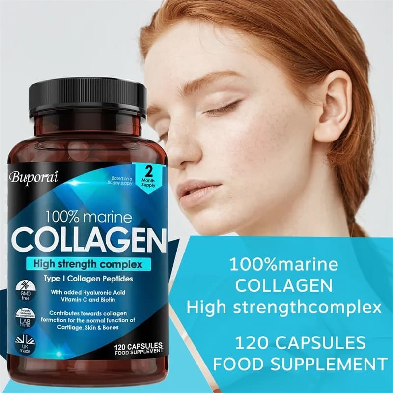 Capsule di collagene complesso che illuminano il tono della pelle e aiutano a favorire la salute di articolazioni, cartilagine, sistema cardiovascolare, pelle, capelli, unghie e digestione.