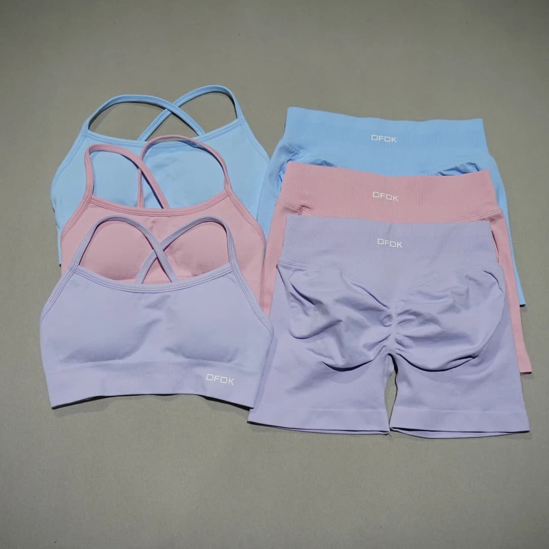 2026 Trend DFDK Women Lace Up Sports Bra Matching Set Seamless High Waist Butt Lifting Short Leggings Yoga Running Fitness Suit