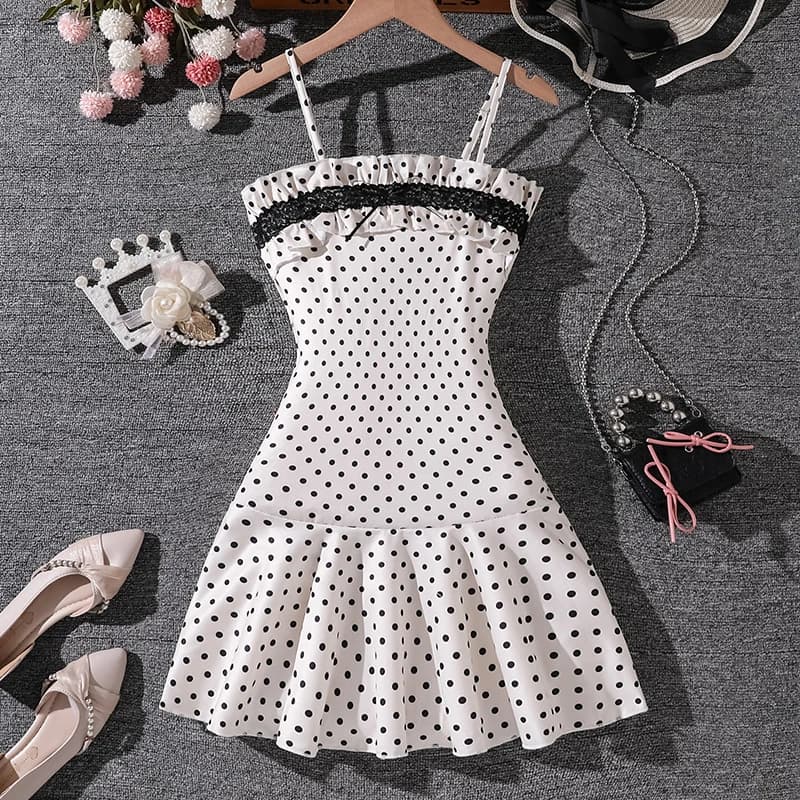 Girls 8-12 White Polka Dot Dress, Front Spaghetti Straps Black Ruffle Trim Tiered Hem/Back Plain Ruffle Neck, Casual Daily Kids