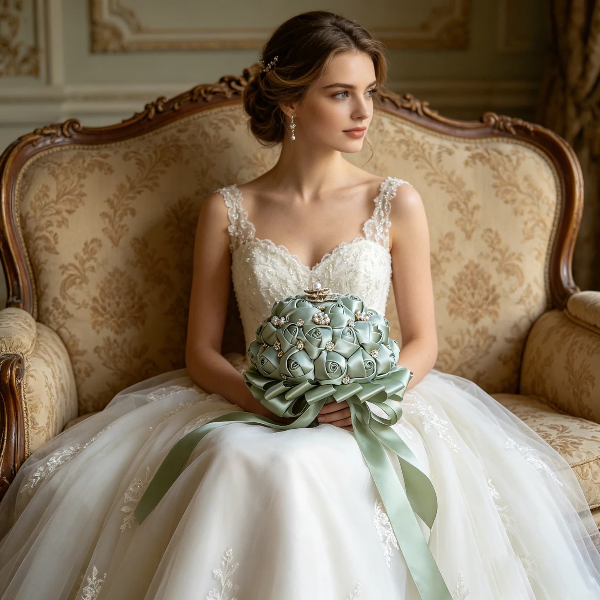 Sage Green Kyunovia Customized Best Quality Ivory Brooch Bouquet Wedding Bouquet Wedding Bouquets Pearl Flowers