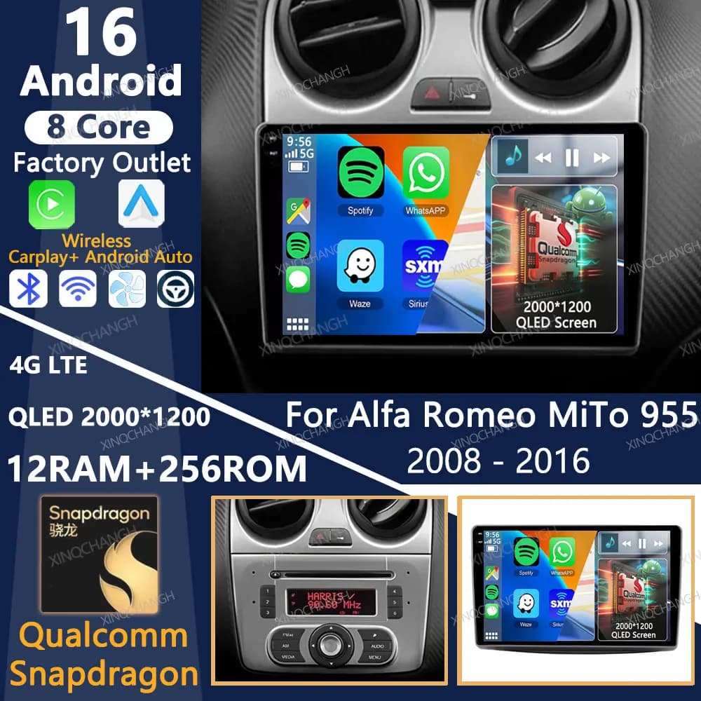 Android 16 Car Radio For Alfa Romeo MiTo 955 2008 - 2016 Carplay Auto QLED Multimedia Video Player 4G LTE 5G WIFI Head Unit GPS
