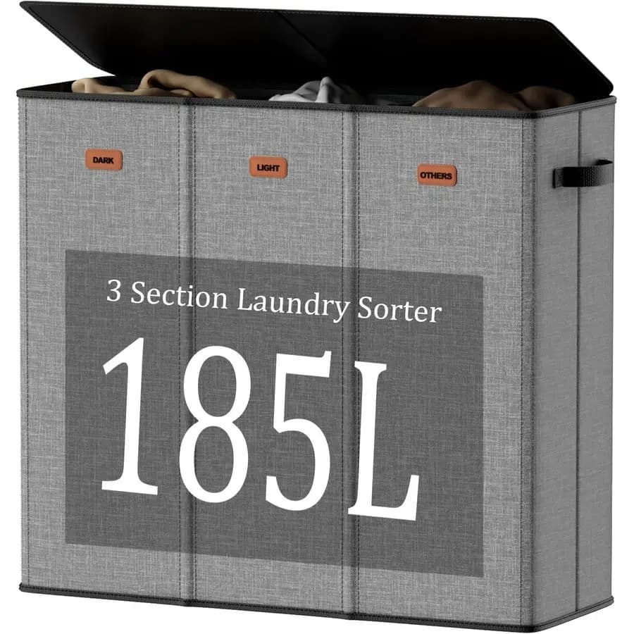 Basket for 3 compartments with Cover, Grey basket with 3 compartments with 3 removable bags, Big basket for Bedroom Bucato
