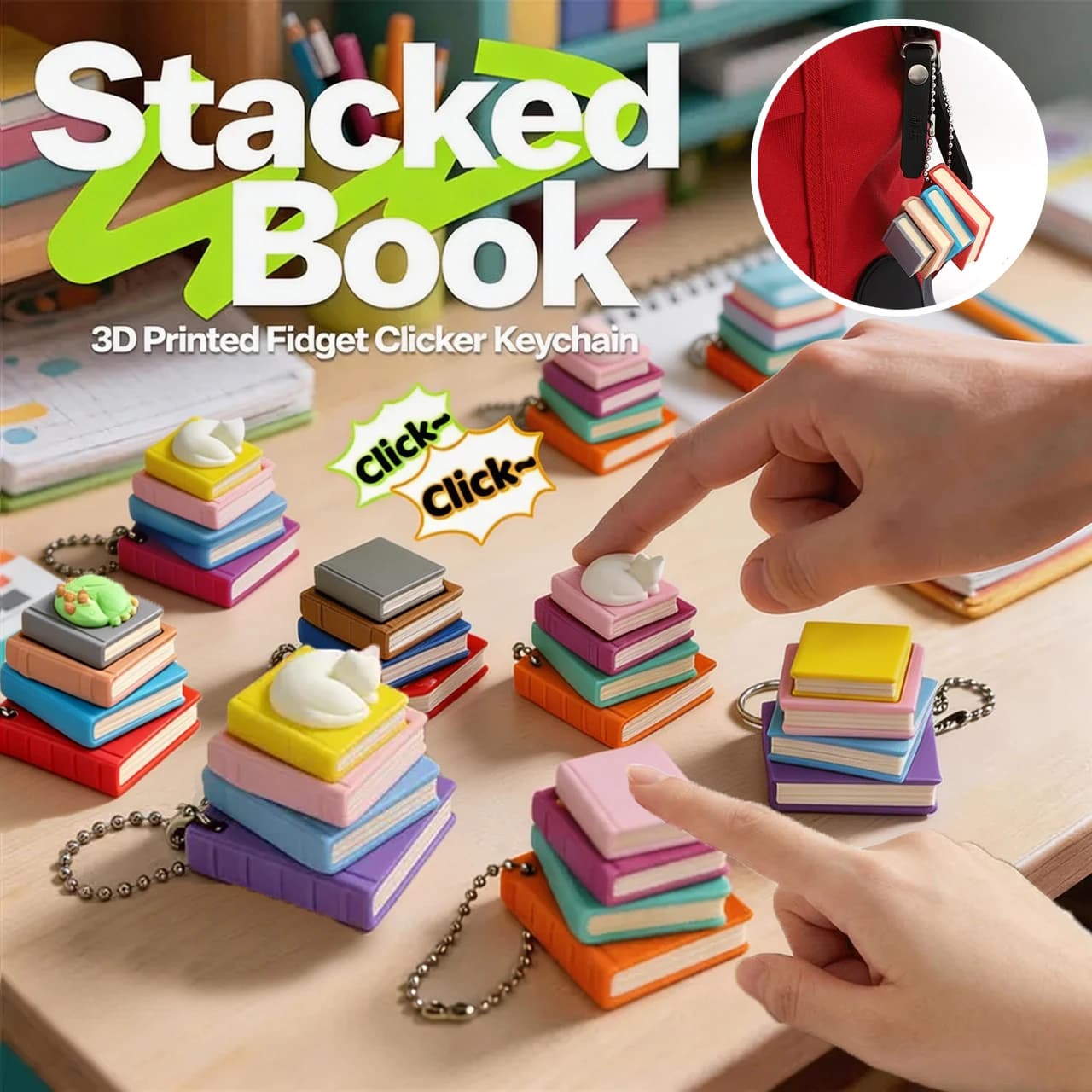 Portachiavi Fidget Clicker a Forma di Libri Impilati Stampati in 3D, Mini Libro Impilabile Sensoriale, Giocattolo Antistress per Bambini e Adulti, Ciondolo per Zaino