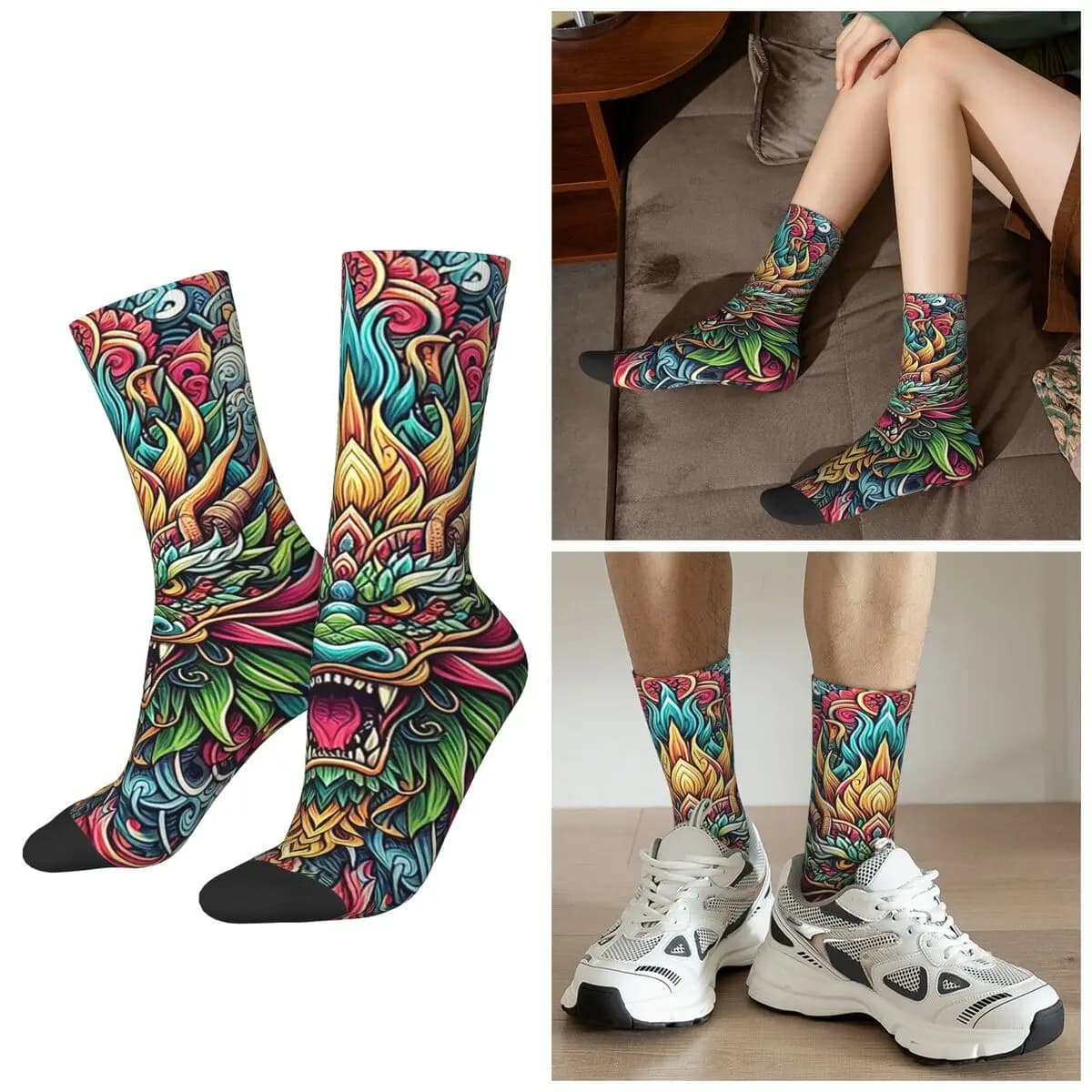 All Seasons Mythological Art Dragon Face Mask Socks Harajuku Sport Middle Tube Socks Sweat Absorbing Stockings for Men Women
