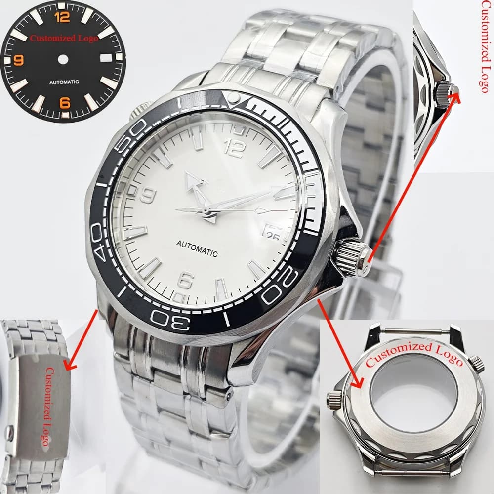 Men's Watch Case Customizable NH35 41mm Stainless Steel Silver with Sapphire Glass Compatible with Movement NH35