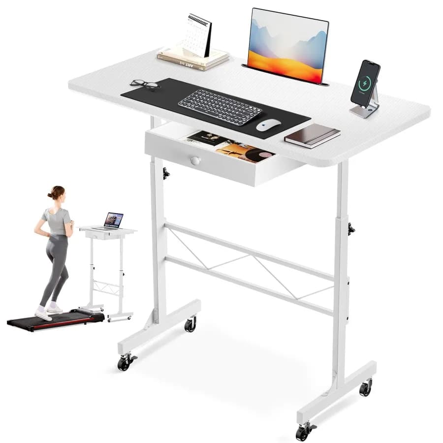 Adjustable Standing Desk 32" Portable Rolling Laptop Table with Wheels Small Sit-Stand Computer Workstation White