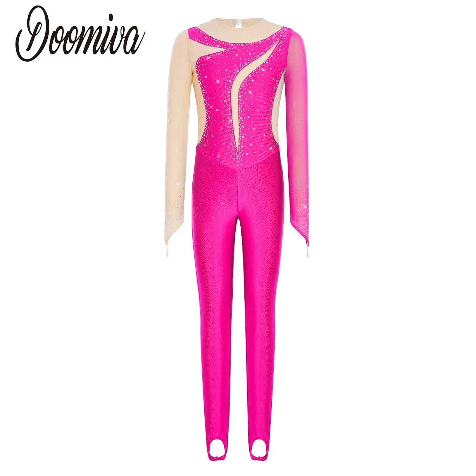 Body Intero per Bambine, Tuta da Pattinaggio Artistico in Jersey, Manica Lunga con Strass, Leotard da Ginnastica, Abbigliamento da Danza