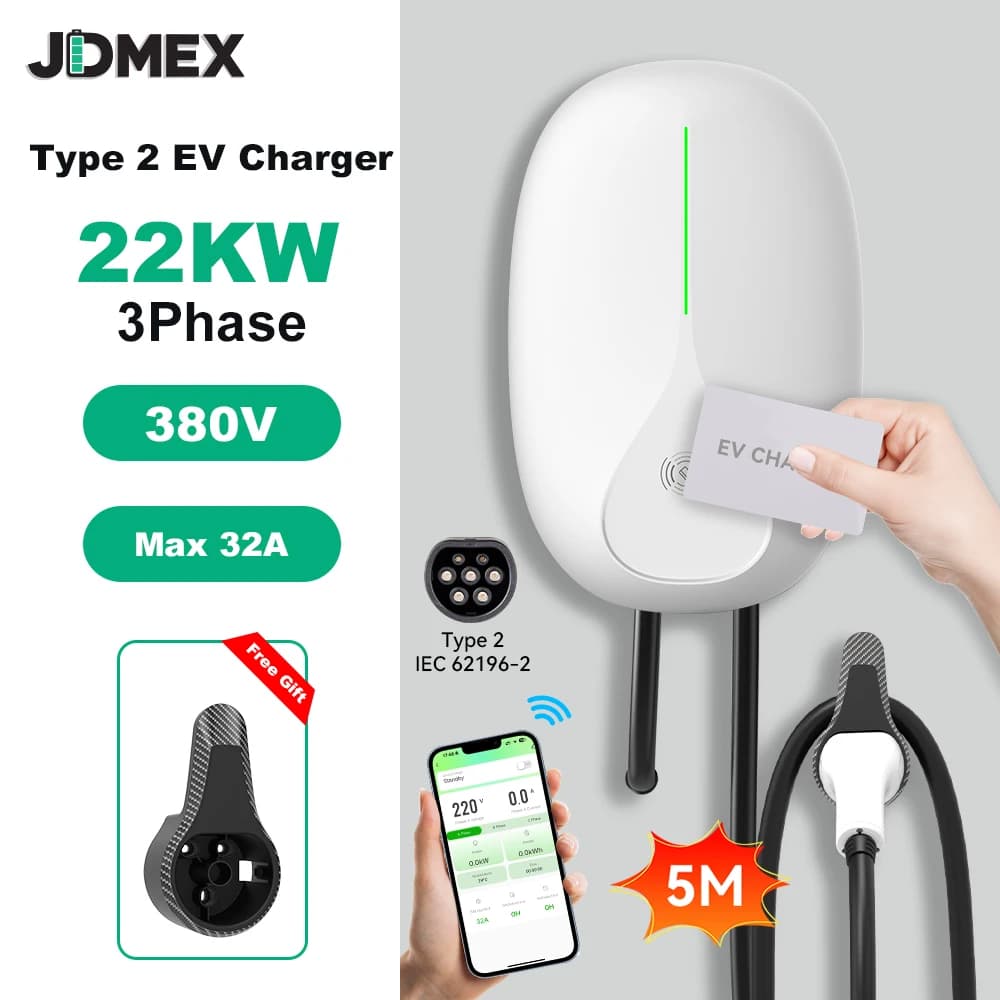 Stazione di Ricarica EV JDMEX 22KW Tipo 2 32A Trifase, Caricatore Rapido per Veicoli Elettrici, EVSE Wallbox con Controllo APP, Cavo da 5m