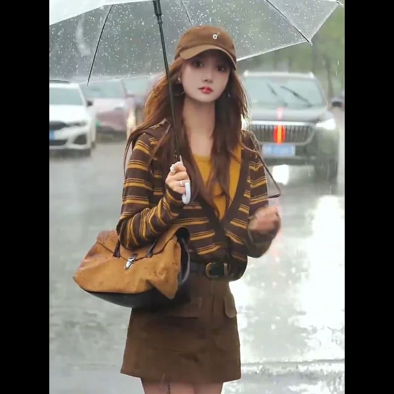 Versione coreana del maglione con cappuccio a righe contrastanti da donna con top casual slim in due pezzi falso
