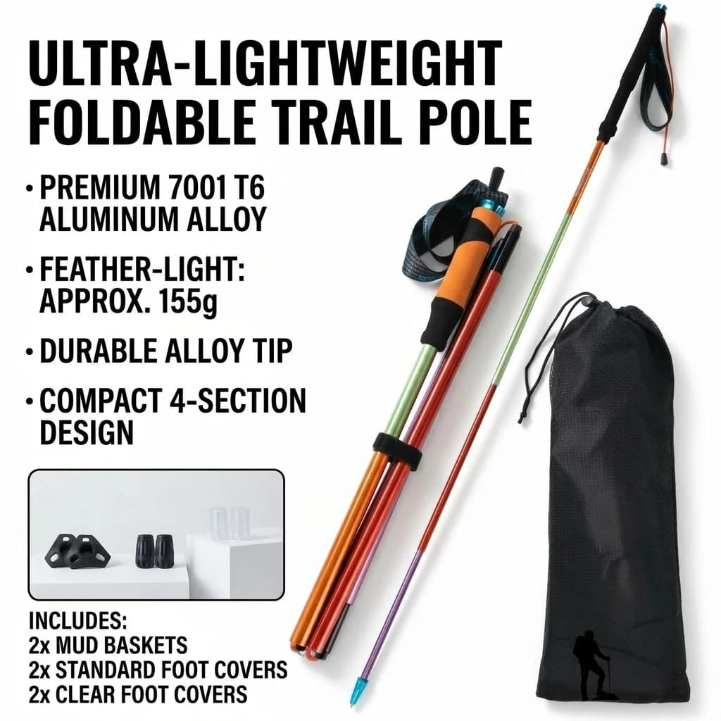 2 Foldable Trekking Sticks for Trail Running, Adjustable Stroller Sticks with Fast Closure, Carbon and Aluminum Ultralights, Nordic Hiking Sticks