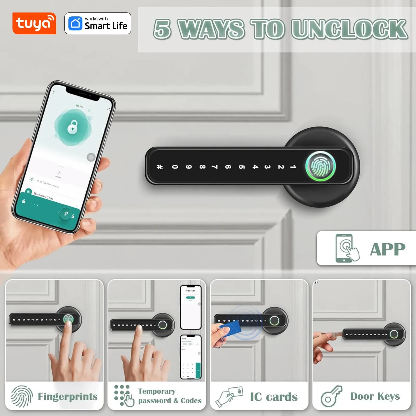 Tuya Smart 5‑in‑1 Fingerprint Door Lock W/Handle,Keyless Lock,APP/IC Card/Passcode/Key for Home Hotel Office (Battery Not Incl.)