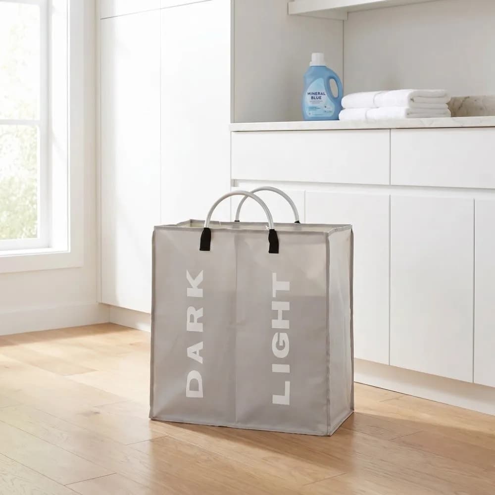 PE coated Oxford fabric Laundry Bag Light gray color Aluminum alloy handle Dirty Clothes Basket Large capacity storage