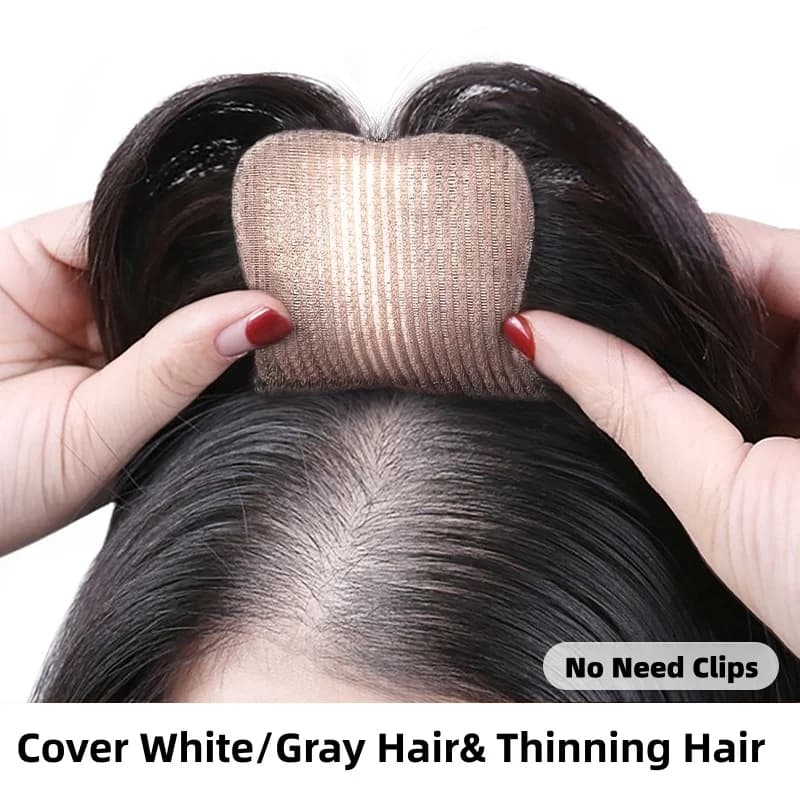 Topper per capelli invisibili senza clip con base in pelle per donna, con chiusura a strappo, in capelli umani, per coprire capelli diradati e grigi, facili da indossare